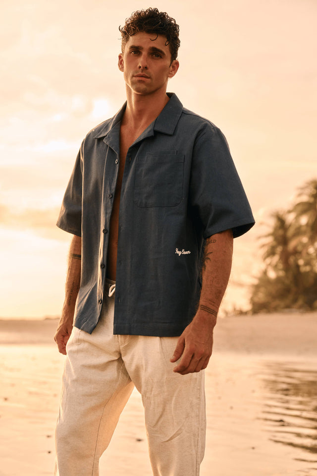 Chemise de station balnéaire brodée - Bleu ombré