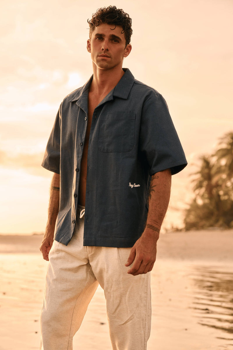 Chemise de station balnéaire brodée - Bleu ombré