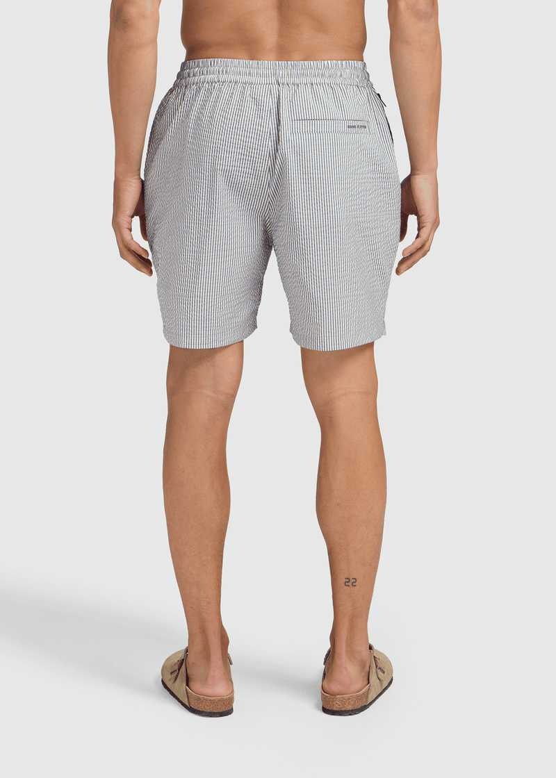 Gestreifte Seersucker-Badeshorts – Hellblau