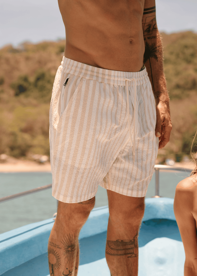 Short de bain rayé en seersucker - Sable blanc
