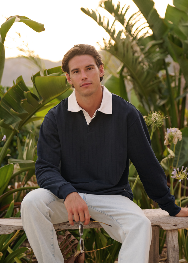 Rugby Stripe Polo - Dark Blue