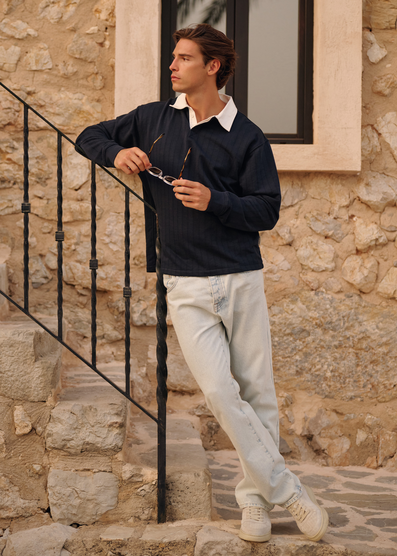 Rugby Stripe Polo - Dark Blue