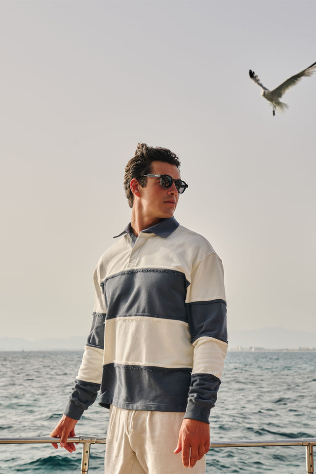 Raw Edge Big Stripe Polo - Ombre Blue