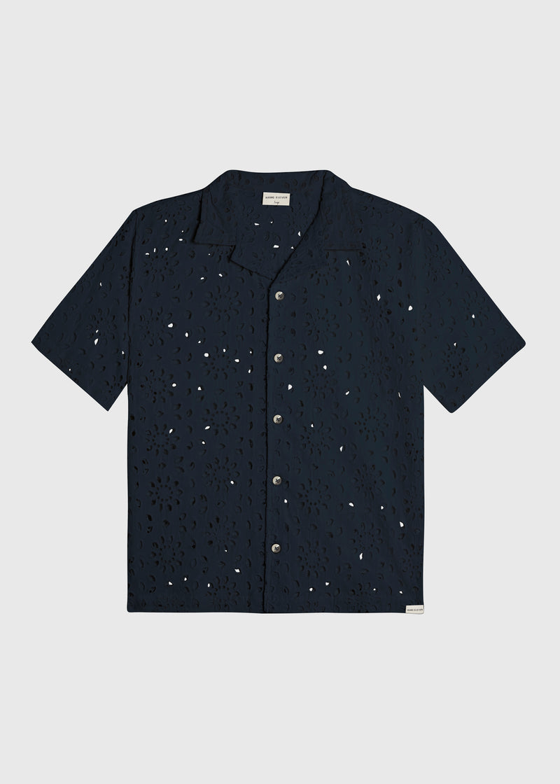 Häkelshirt mit Blumenmuster - Marineblau