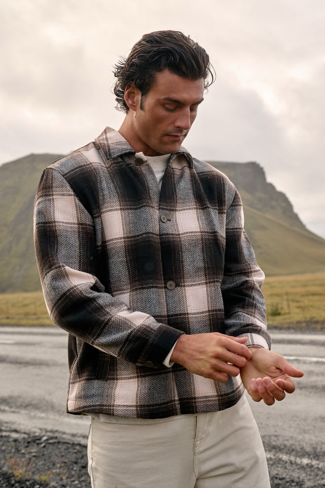 Herringbone Check Overshirt - Brown