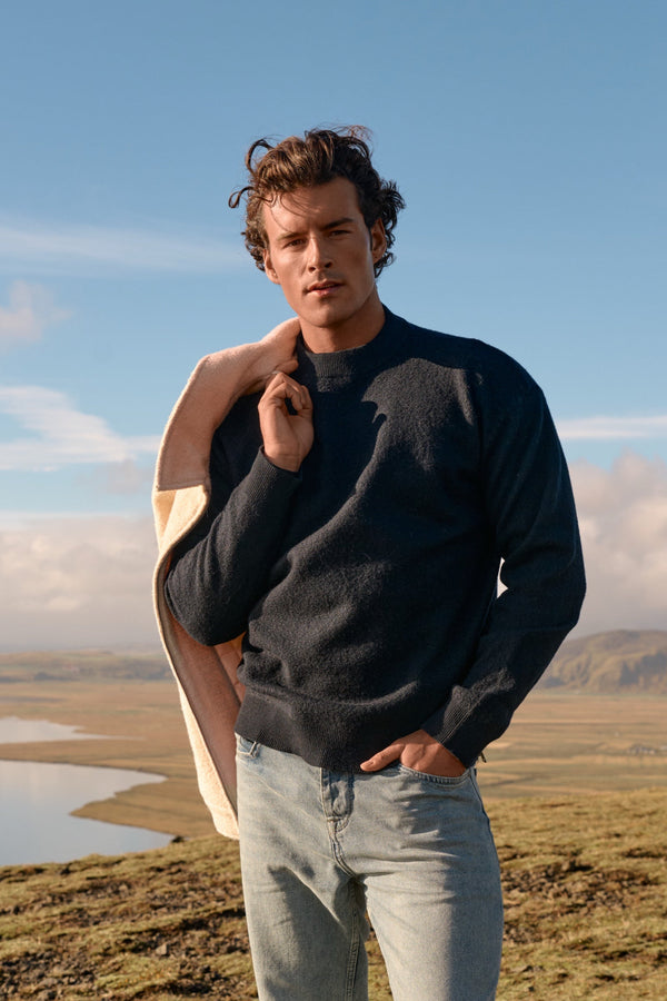 Pull ras du cou en laine bouillie - Bleu marine