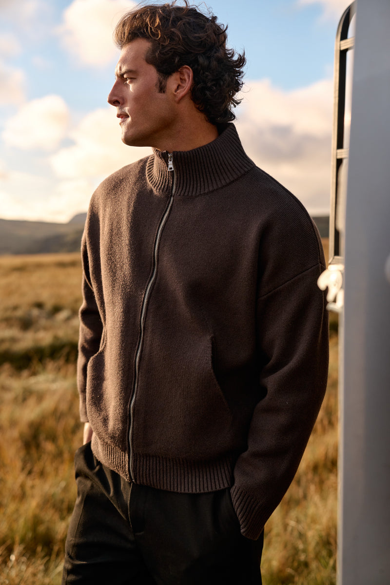Knitted Full Zip Vest - Brown