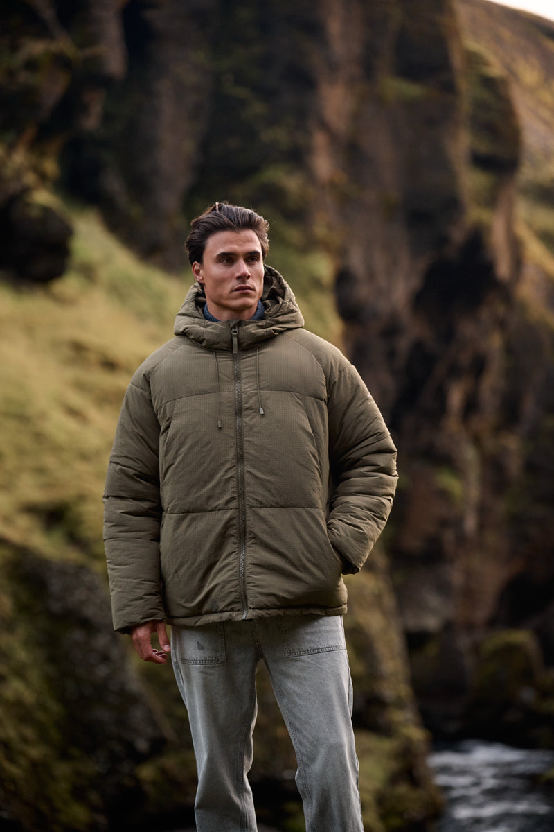 Ribstop Hooded Puffer - Olive Green