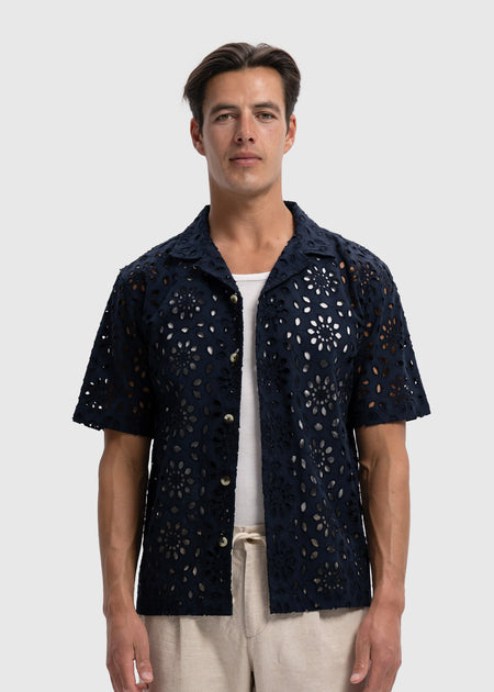Häkelshirt mit Blumenmuster - Marineblau