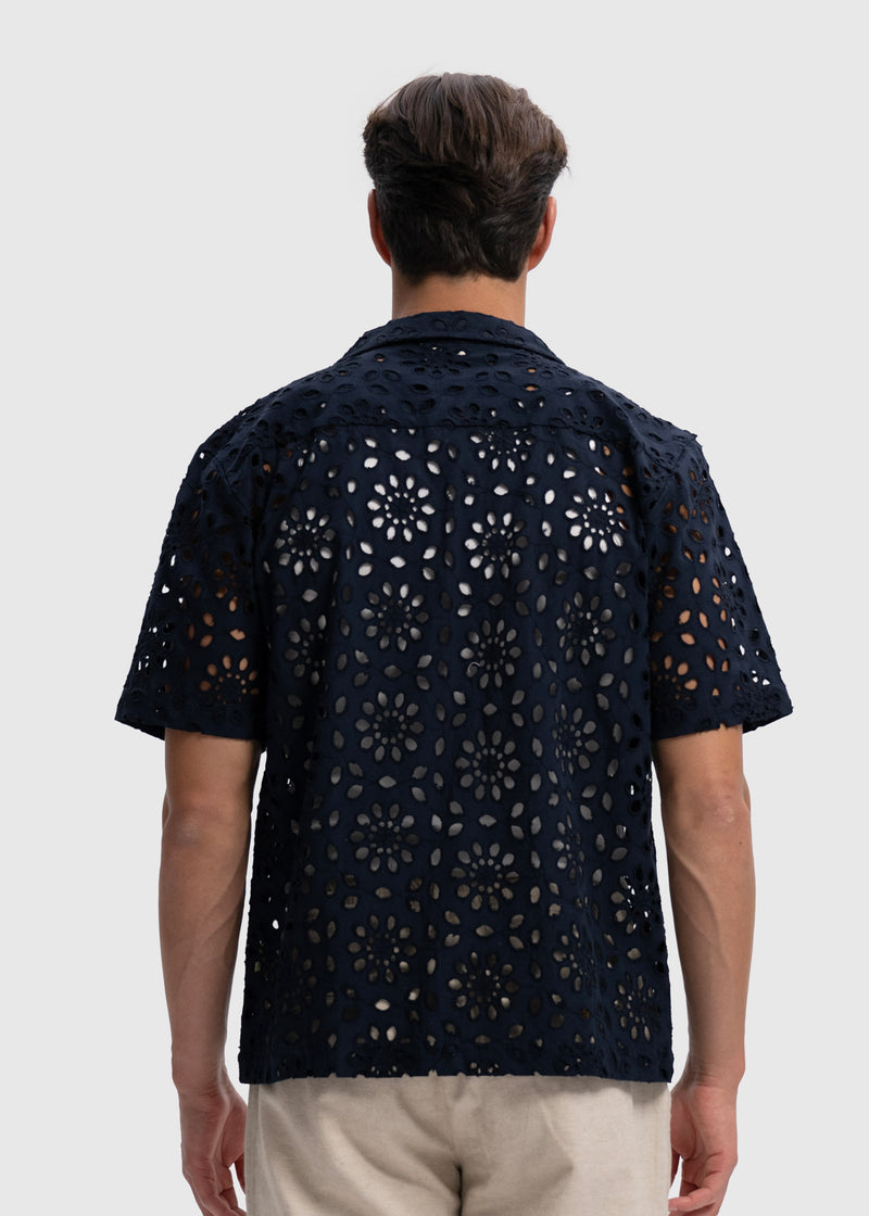 Häkelshirt mit Blumenmuster - Marineblau