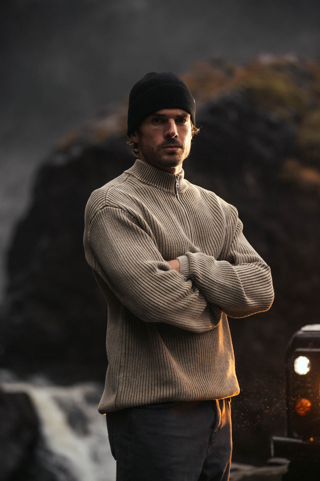 Washed Half Zip Knit - Dark Sand