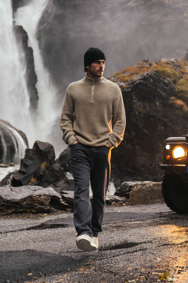 Washed Half Zip Knit - Dark Sand