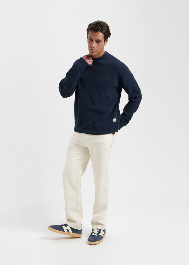 Pull ras du cou en maille structurée - Bleu marine 