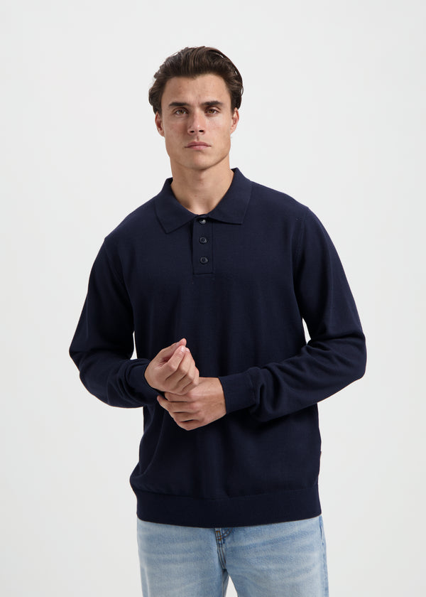 Knitted Polo Longsleeve - Navy Blue