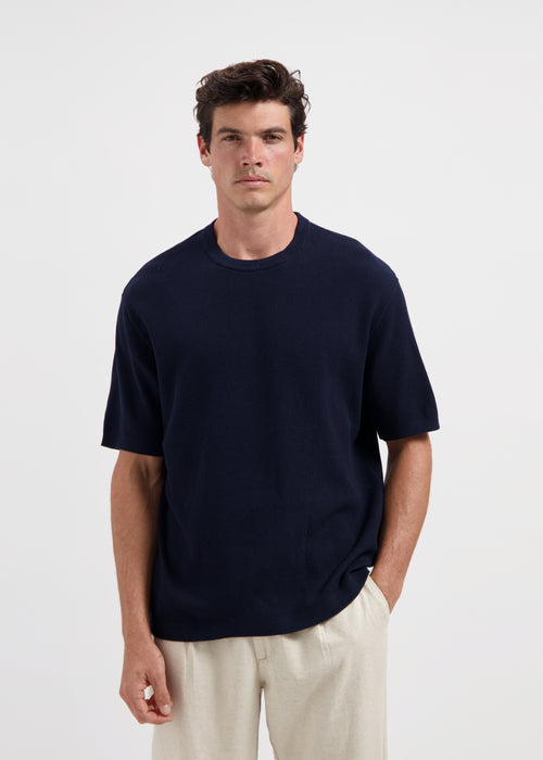 Waffle Knitted Tee - Navy Blue