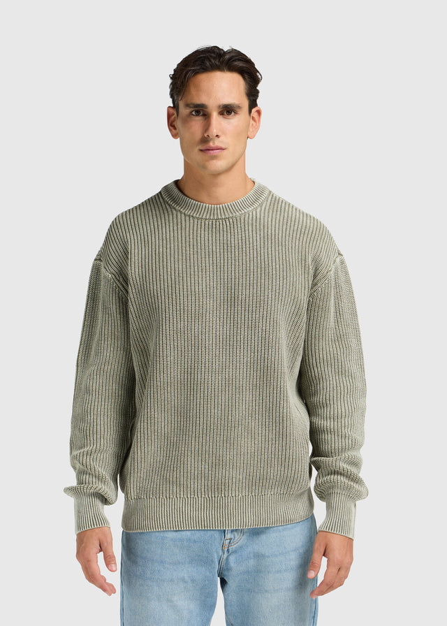 Verwaschener Strickpullover mit Rundhalsausschnitt – Olivgrün