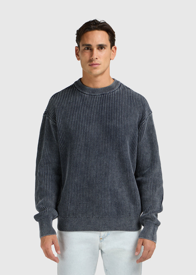 Gewaschener Strickpullover mit Rundhalsausschnitt - Marineblau