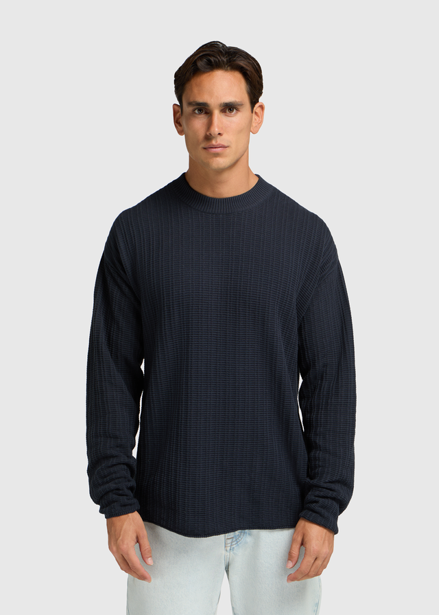 Fancy Structure Knit Crewneck - Navy Blue