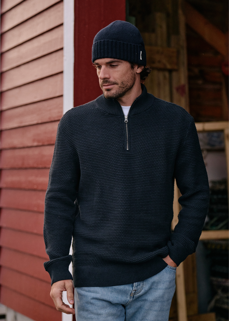 Strukturierter Strickpullover mit halbem Reißverschluss – Marineblau meliert