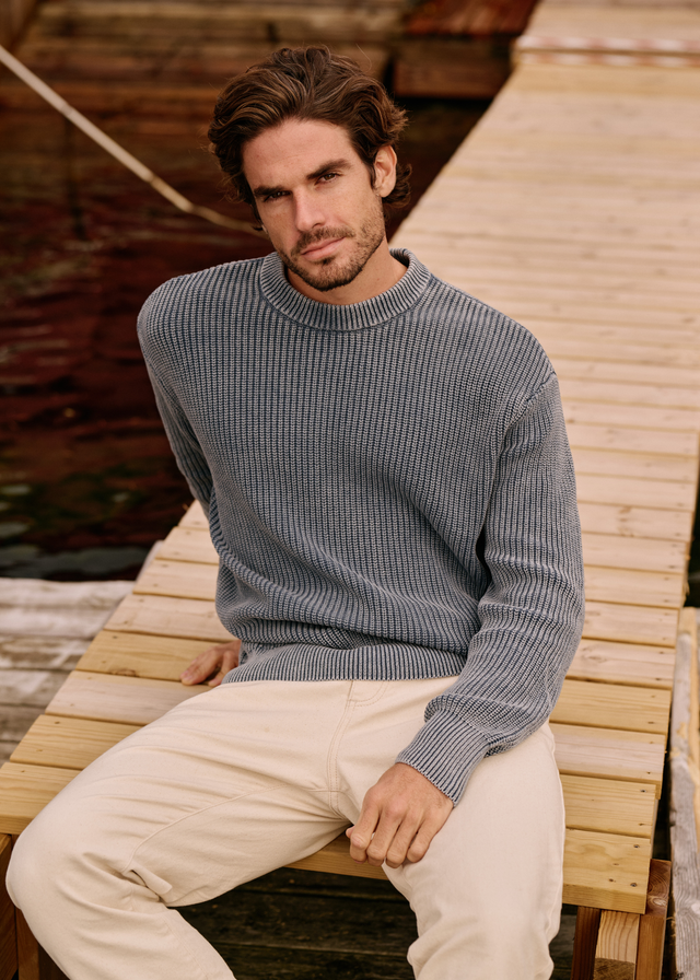 Col rond en tricot délavé - Gris pierre