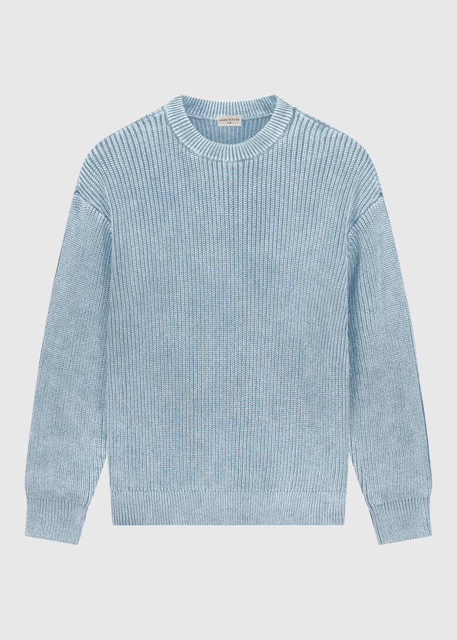 Gewaschener Strickpullover mit Rundhalsausschnitt – Hellblau