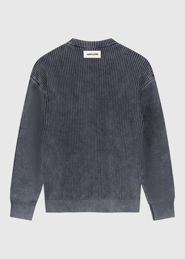 Gewaschener Strickpullover mit Rundhalsausschnitt - Marineblau