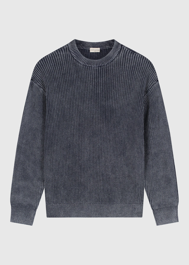 Gewaschener Strickpullover mit Rundhalsausschnitt - Marineblau