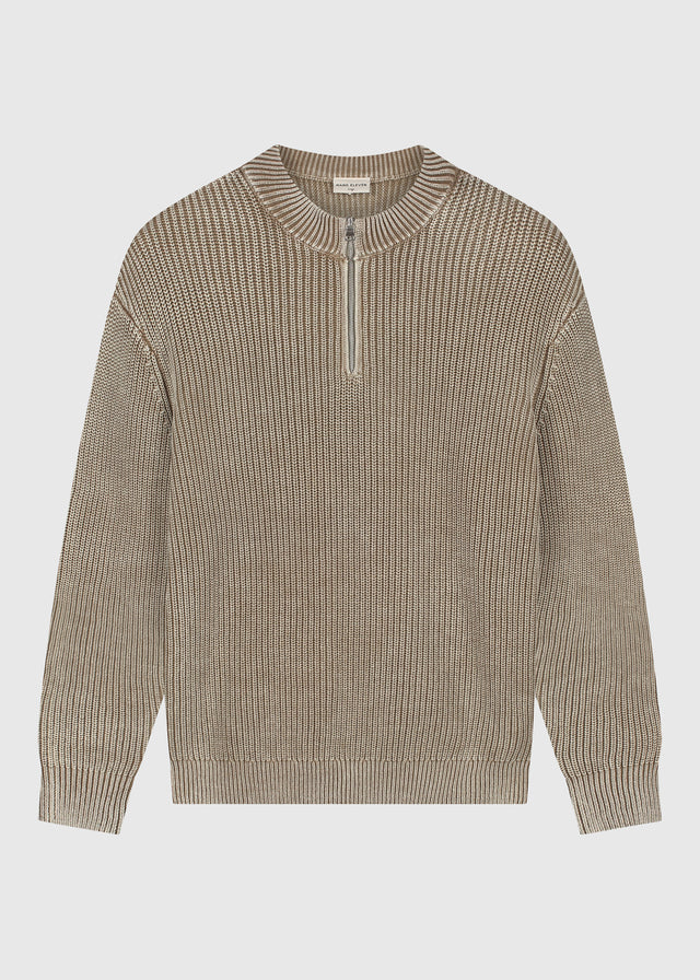 Verwaschener Strickpullover mit halbem Reißverschluss – Dunkelsand