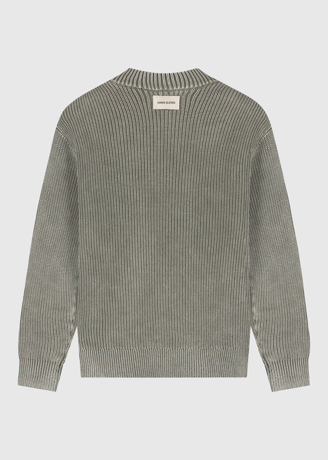Gewaschener Strickpullover mit halbem Reißverschluss – Olivgrün