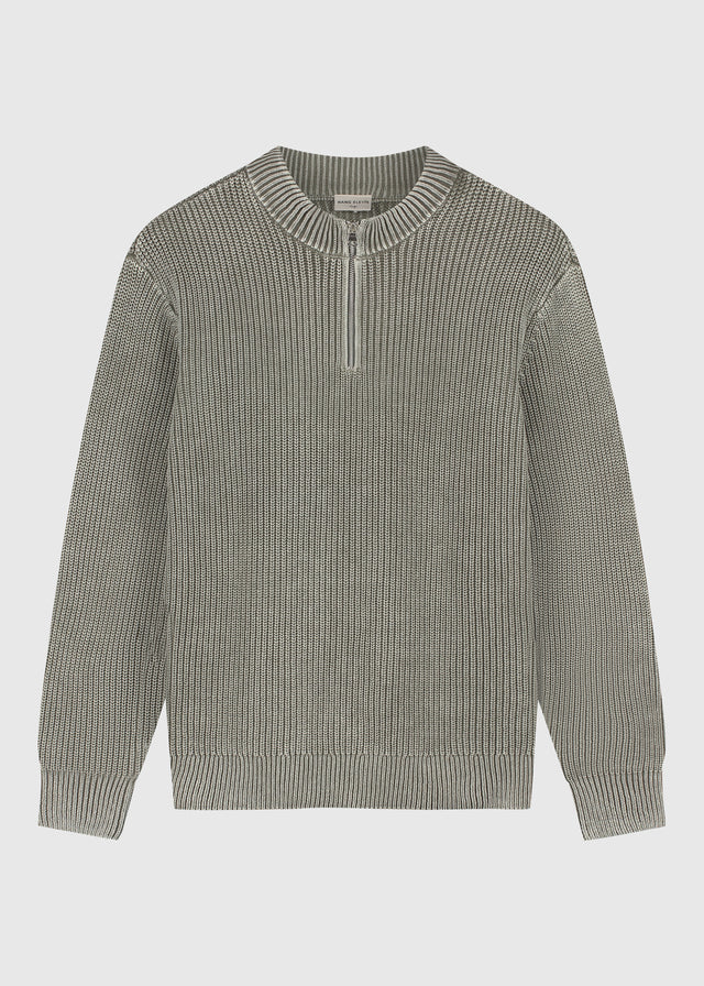 Gewaschener Strickpullover mit halbem Reißverschluss – Olivgrün